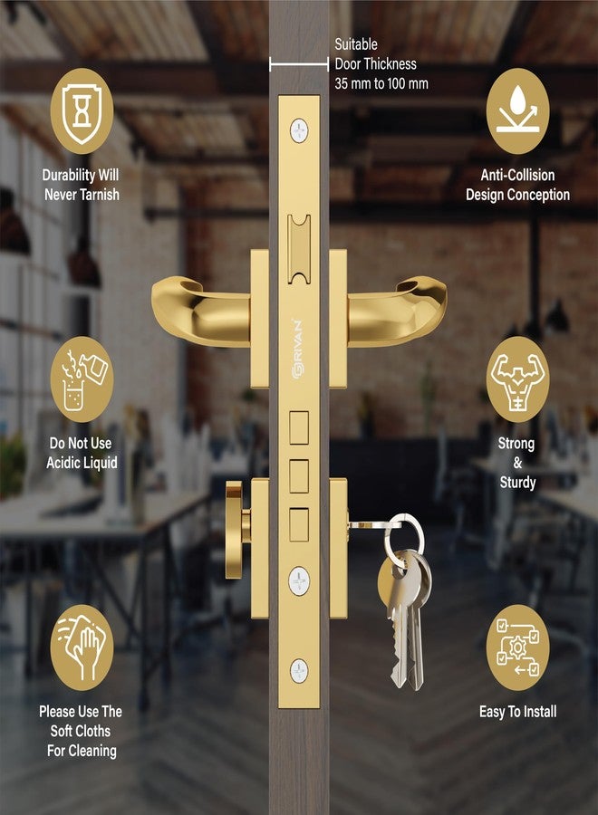 GRIVAN Luxury Door Locks for Main Door, Mortise Door Lock Set with 3 Brass Keys, Bedroom Door Lock, Handle Lock for Home/Office/Hotel (Gold Finish) | 2 Years Warranty - Image 3